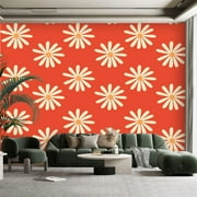 Peel and Stick Canvas Wallpaper Wall Mural red mustard 1970s groovy vintage retro floral daisies seamless Wall Art Self Adhesive and Removable 100in x 144in